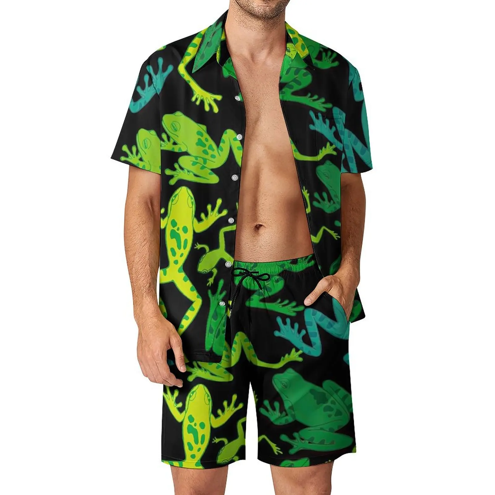 

Мужской комплект из 2 предметов, зеленая лягушка, Повседневная рубашка с принтом животных, пляжные шорты в стиле ретро, летний костюм на заказ, большой размер 2XL 3XL