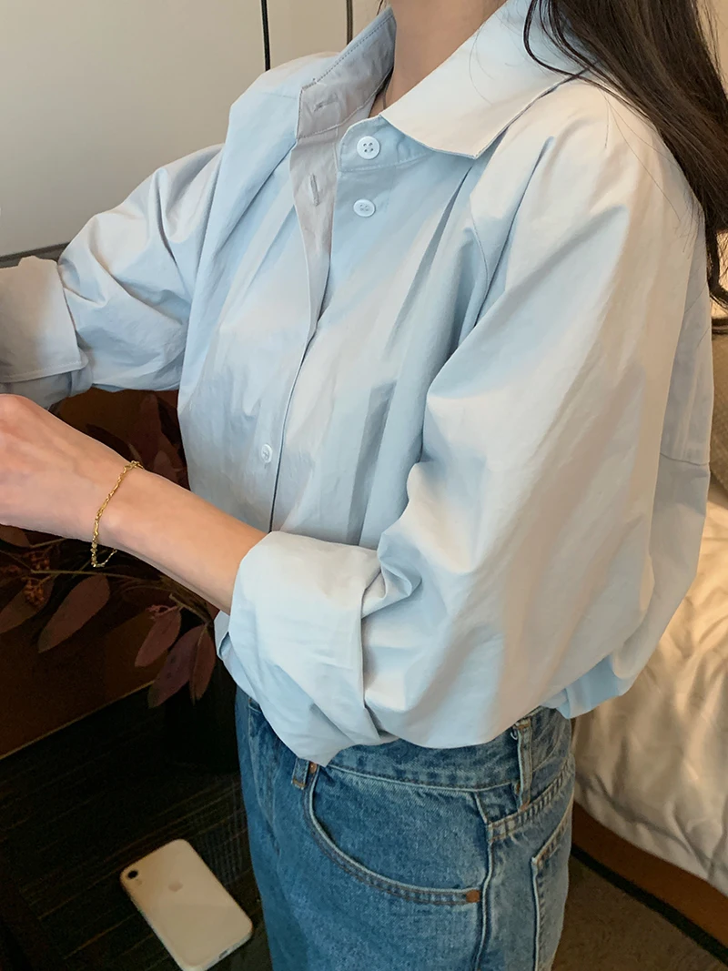 

Ele Retro oulder Sve irt Pleated Line Waed Texture Salt Sink Cotton Loose Artistic Long Sve Women's irt