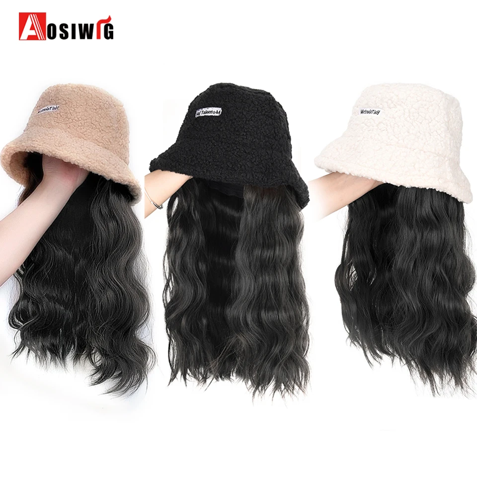 AOSI Synthetic Hat Wig Long Wavy Wig Fashion Autumn And Winter Lamb Hair Fisherman\'s Hat Ripple Wig Hat For Women