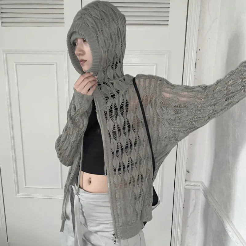 

Vintage Hollow Loose Zipper Long-sleeved Cardigan Women 2025 Autumn New High Street Solid Color All-match Hooded Knitted Tops