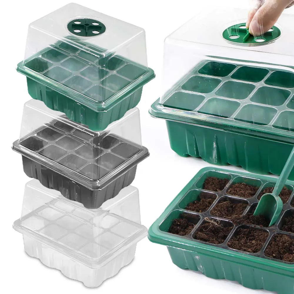 12 Cells Nursery Seedling Trays Germination Box with Transparent Cover Indoor Garden Greenhouse Growth Pots Adjustable Humidity