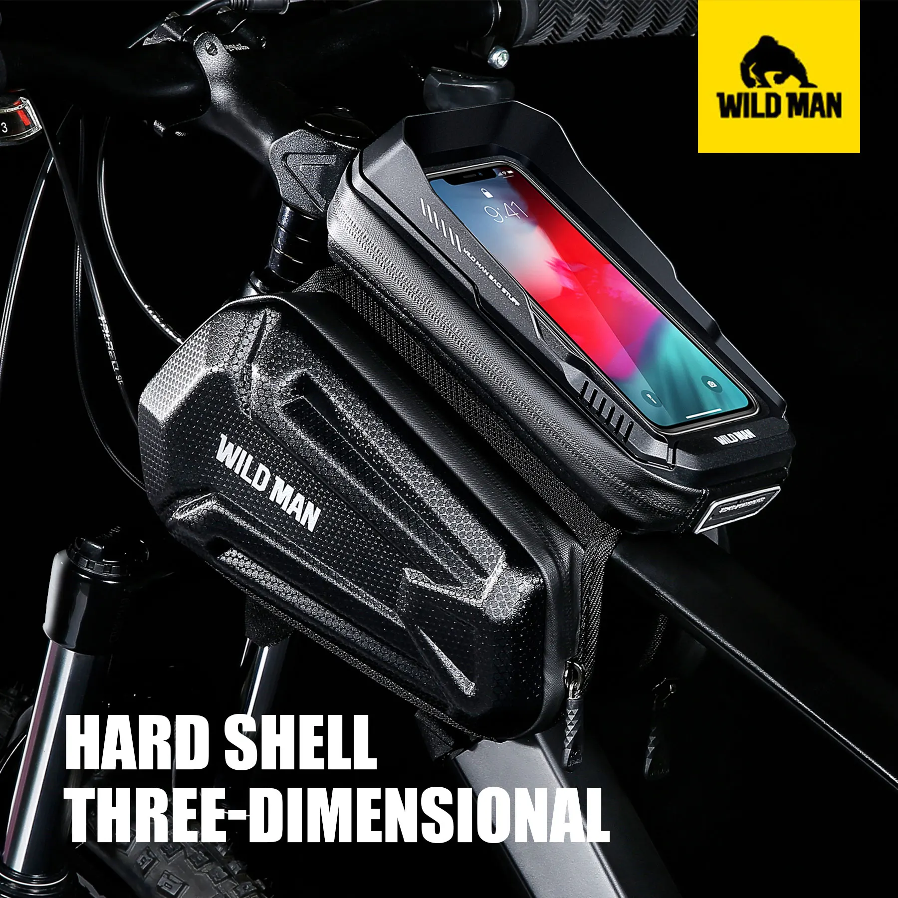 WILD MAN XT6 Mountain Bike EVA Hard Shell Front Beam Bag, Touch Screen Phone Outdoor Top Tube Pack, Front Bag