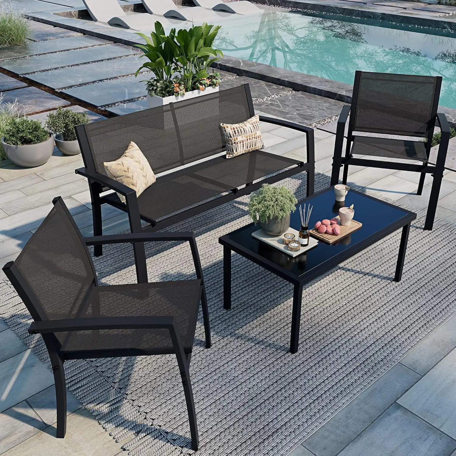 4-Piece All-Weather Outdoor Patio Furniture Set with Glass Coffee Table, Loveseat, and 2 Chairs for Garden, Lawn, Porch (Black)