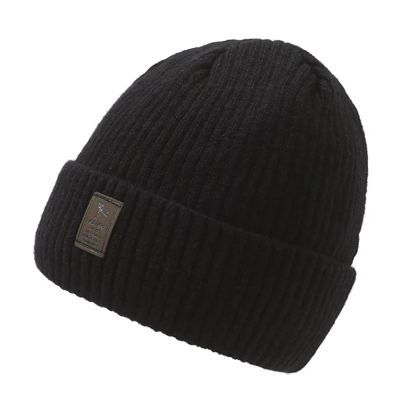 New Men Winter Label Warm Hat Fleece-Lined Thickening Wool Cap Outdoor Cycling Windproof Knitted Bonnet Casual Cold-proof Beanie