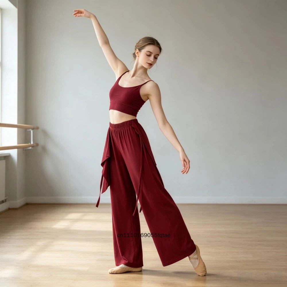 Women Chinese Folk Hanfu Pants Two Layers Flowy Skirt Wide Leg Loose Modern Dance Trousers Teacher Training Practice Clothes