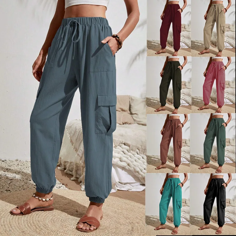 Women's 2024 Spring and Summer New All-in-one Solid Color Pocket Leisure Cargo Pants for Women