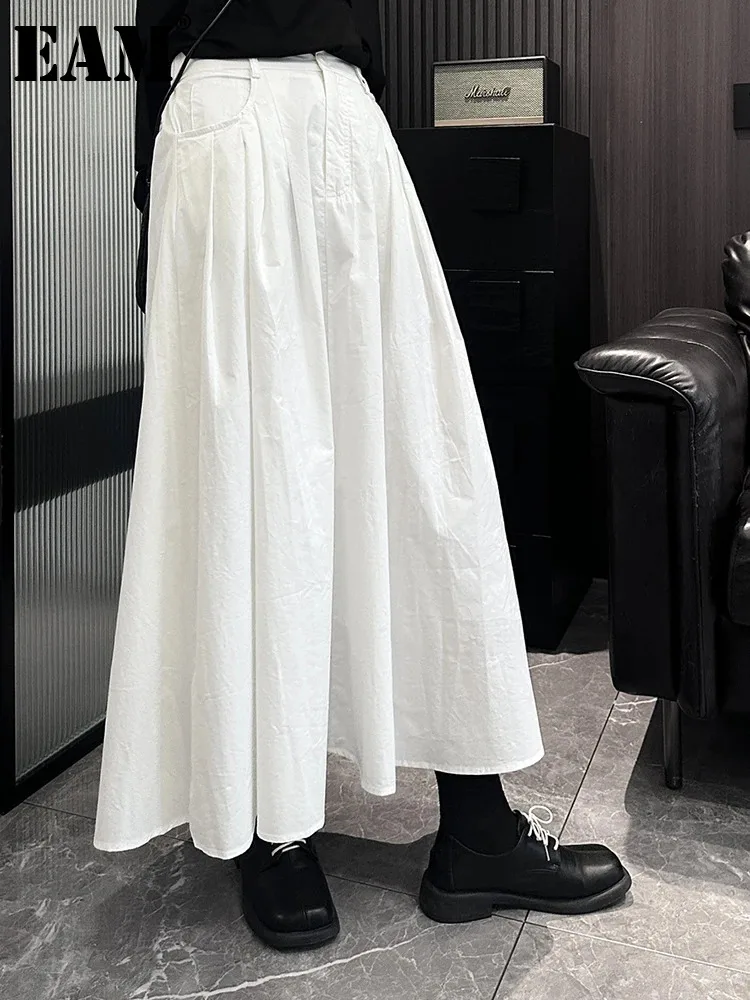 [EAM] High Elastic Waist White Pocket Pleated Brief Midi A-line Half-body Skirt Women Fashion New Spring Autumn 2024 1DH5489