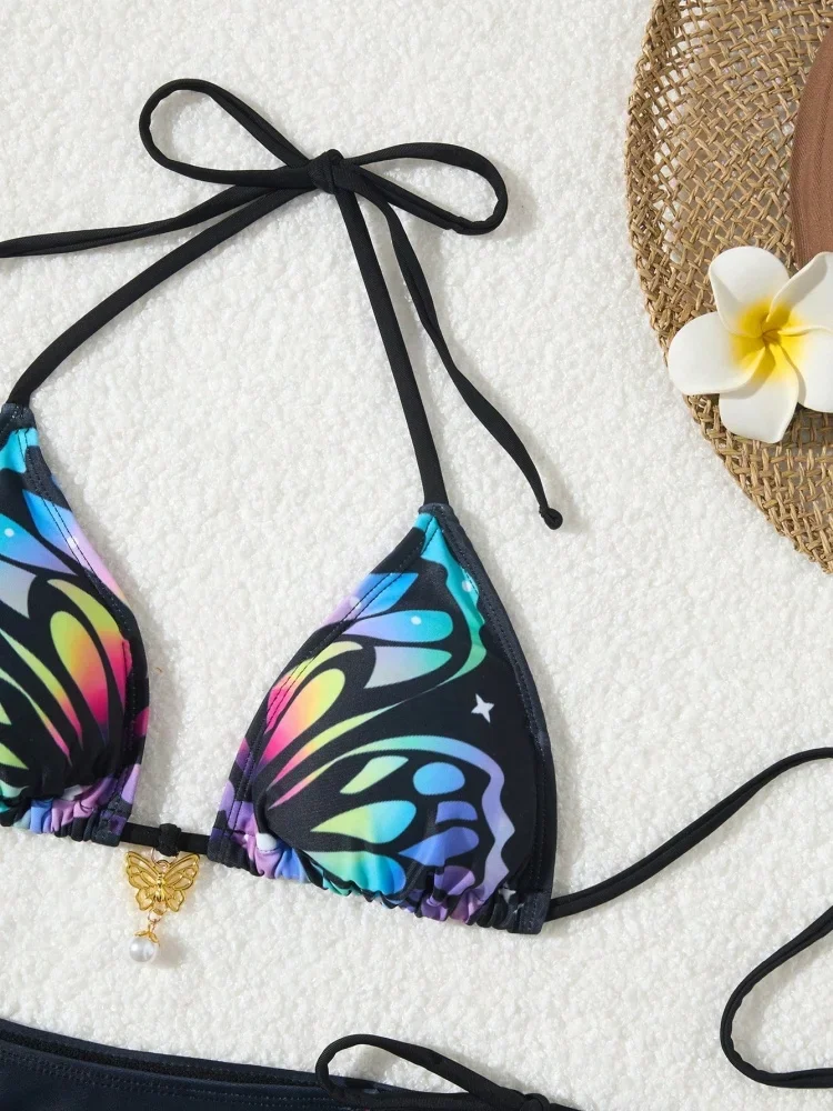Bikini Women Swimsuit 2025 New Black Butterfly Halter Bikinis Set Sexy Swimwear Summer Lace Up 2 Piece Beach Bathing Suit Female