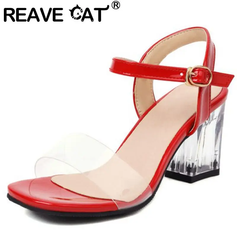 REAVE CAT Women Sandals Peep Toe Chunky Heels Buckle Strap Sexy Female Shoes 32-48 Red Black Concise S3723