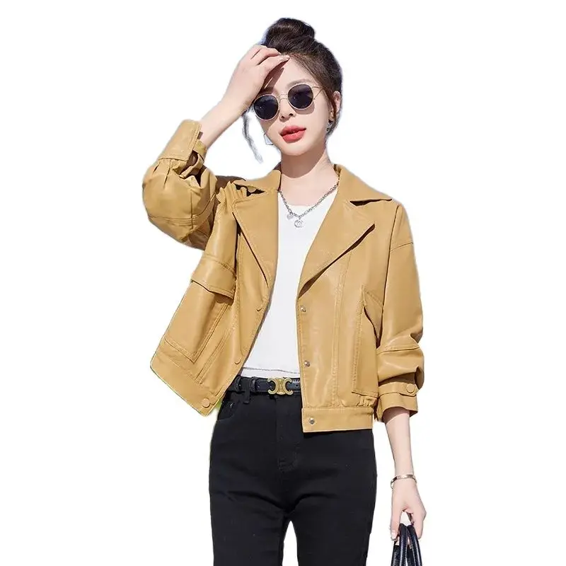 Leather Coat Women's 2023 Spring Autumn New Korean Version Handsome Motorcycle Leather Jacket Casual Women's Leather Outerwear