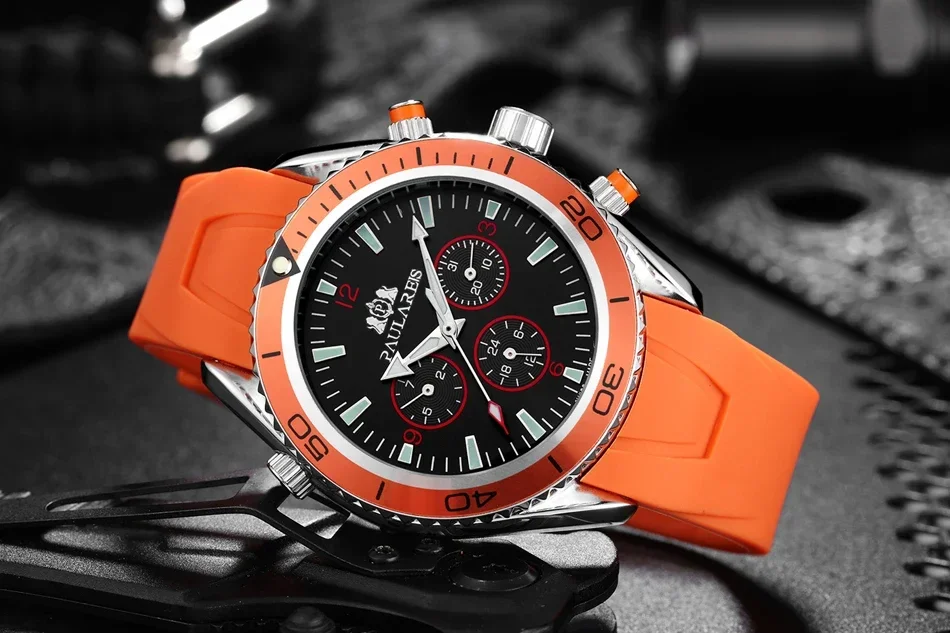 Automatic Watch for Men Mechanical Rubber Strap Orange Blue Black Dial Rotatable Bezel Classic Reloj Hombre Baratos