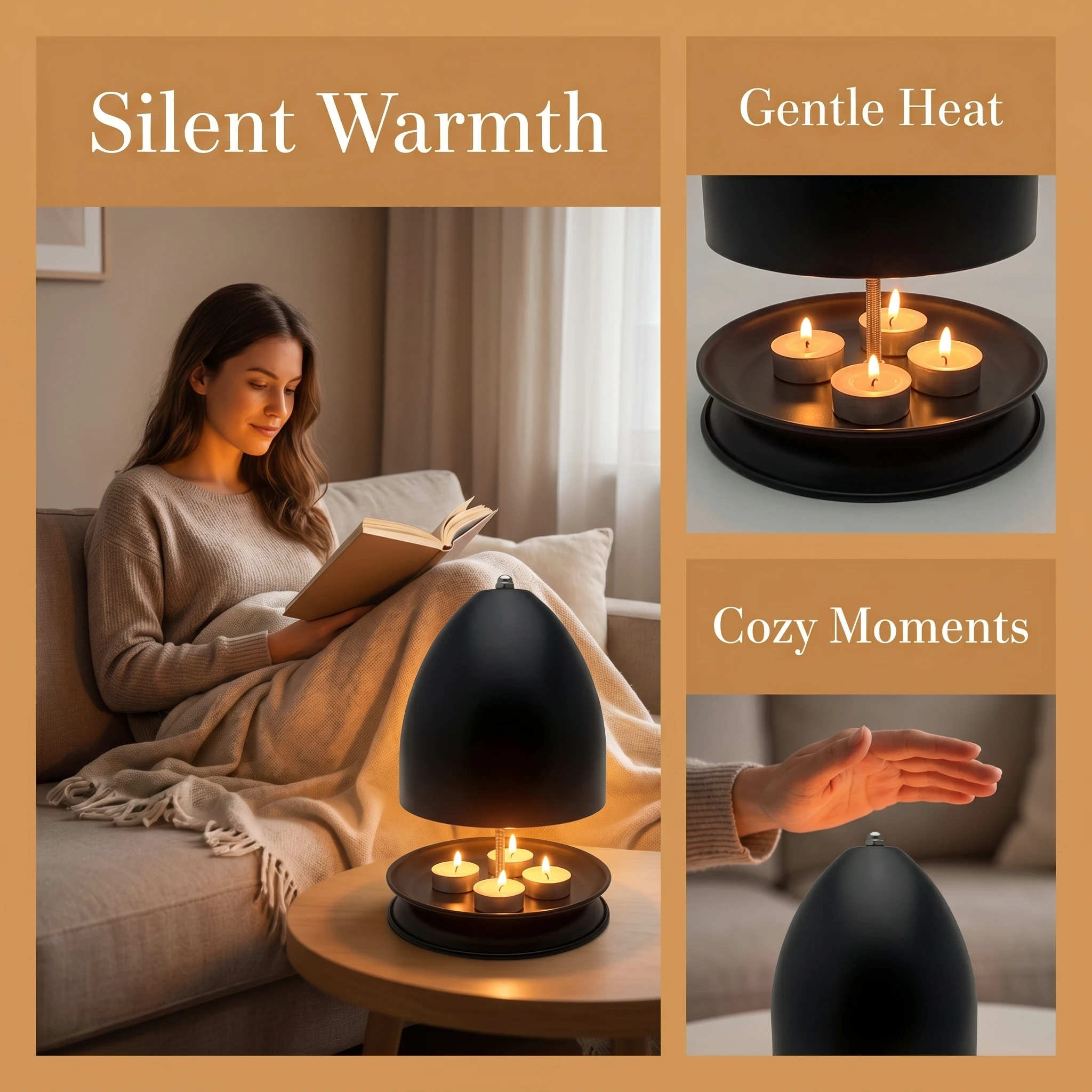 Black/White Tea Light Candle Heater Dual-Wall Large Capacity Candle Heating Holder Portable Hand Warmer for Office Home Use