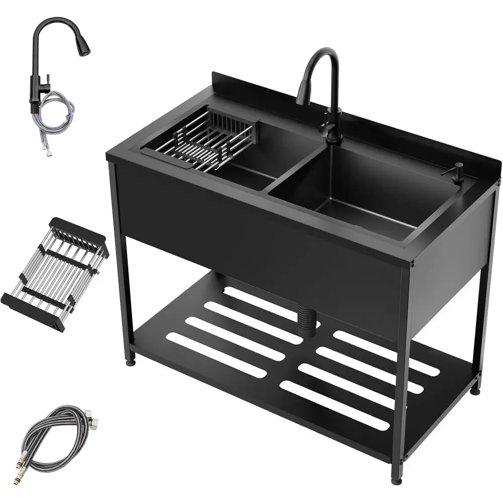 

Stainless Steel Utility Sink,47.6" × 24.1" × 36.6",2 Compartment Sink Freestanding Commercial Sink,with Cold and Hot Water Fauce