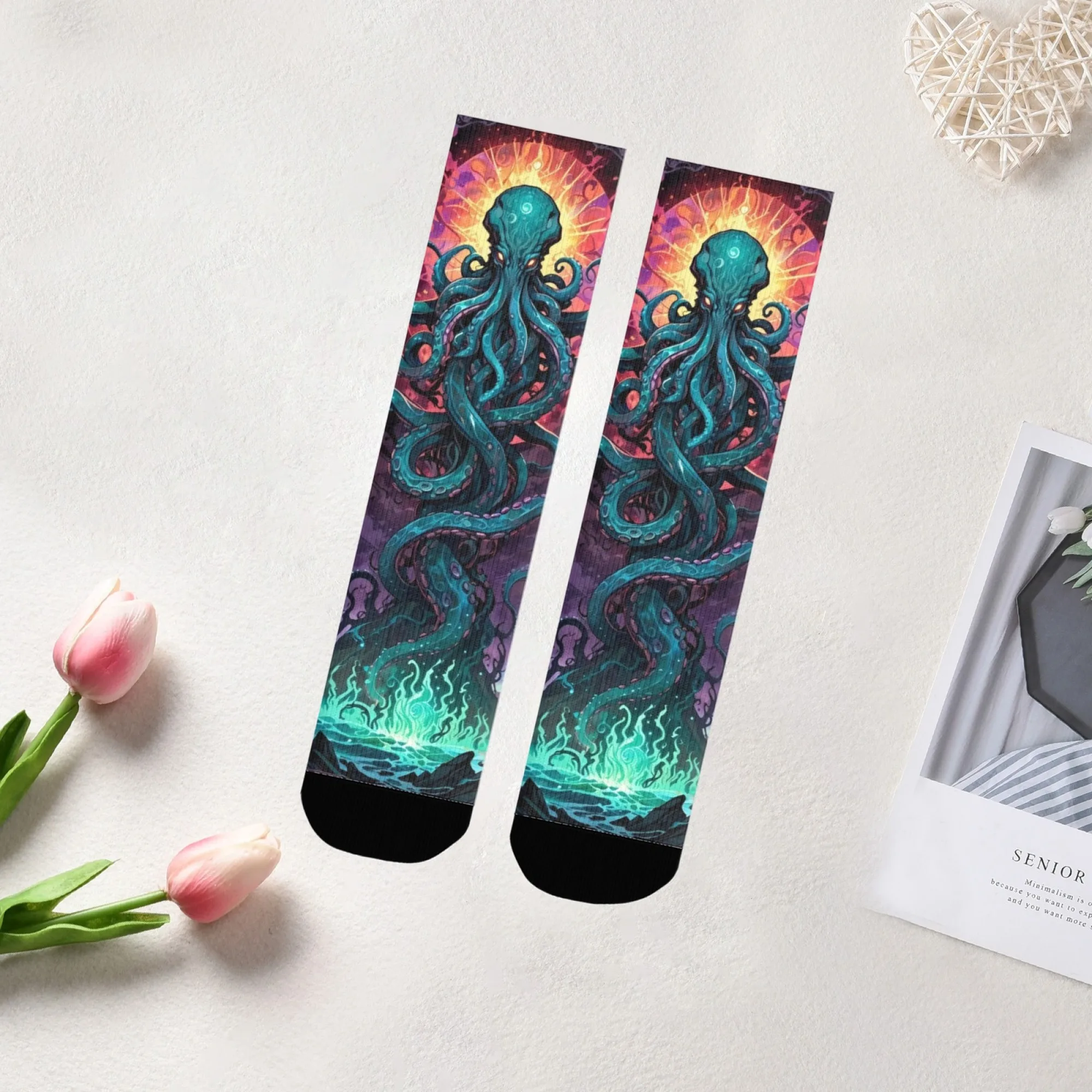 Fantasy-themed Crew Socks Cthulhu Octopus & Elements Artistic Illustrations Comfortable for Collector Gifts & Dark Fantasy Fans