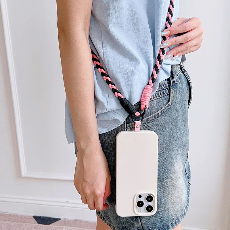 Colorful Braid Phone Charm Cellphone Lanyard Cord With Adapter Tab Mobile Long Solid Cordon