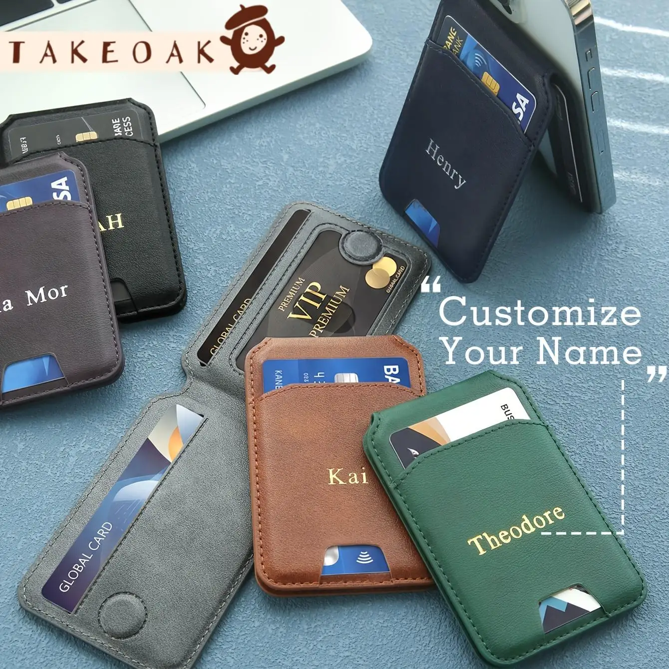 Custom Gold Foil Name Magnetic Wallet with Phone Stand Personalized Vegan Leather Bi-fold Expandable Card Holder for Men Women﻿