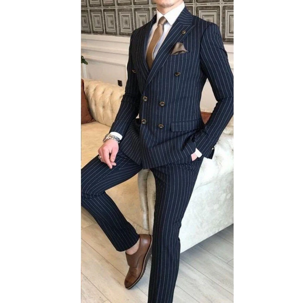 Chic Pinstripe Suits for Men Fashion Peak Lapel Double Breasted Two Piece Elegant Business Office Work Formal Male Suit 2024