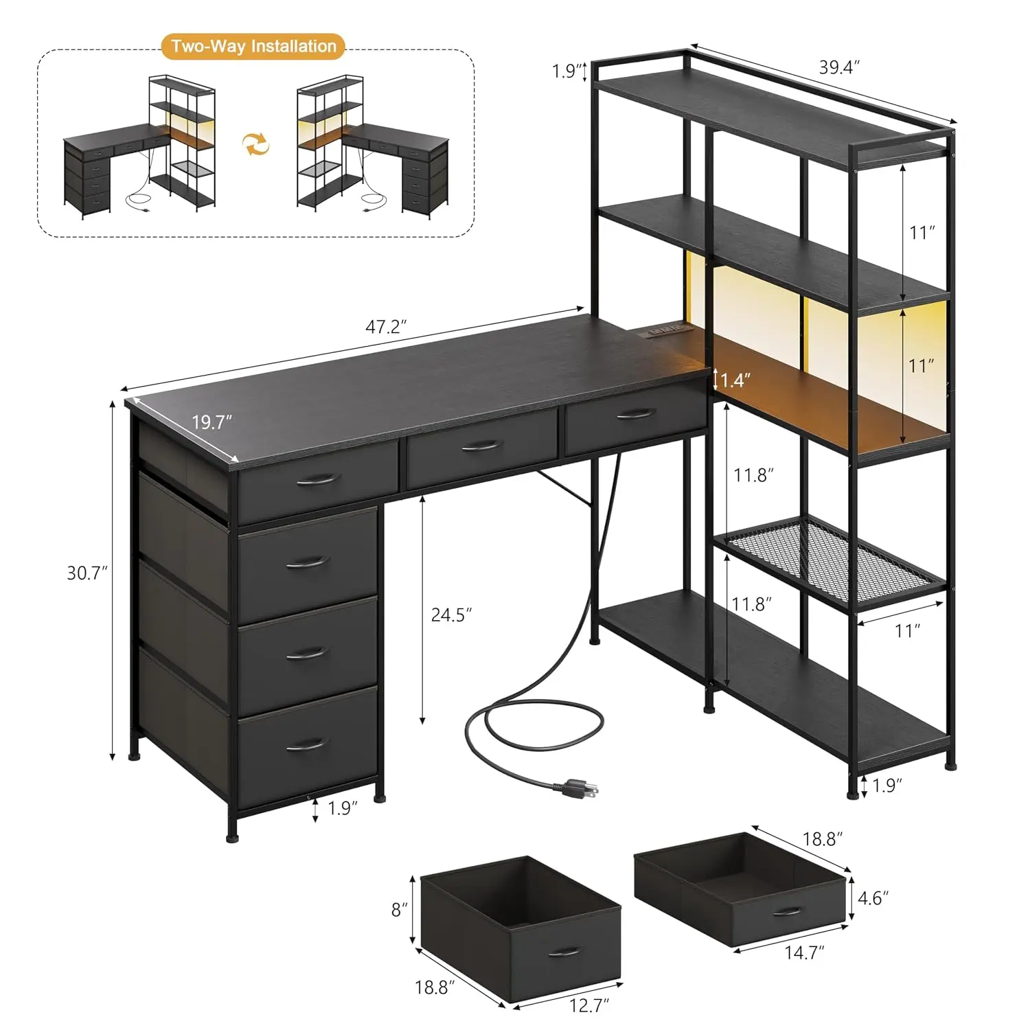 L Shaped Gaming Desk with 6 Drawers & 5-Tier Shelves, Power Outlet & RGB LED Light, Home Office PC Table, Black, Customized