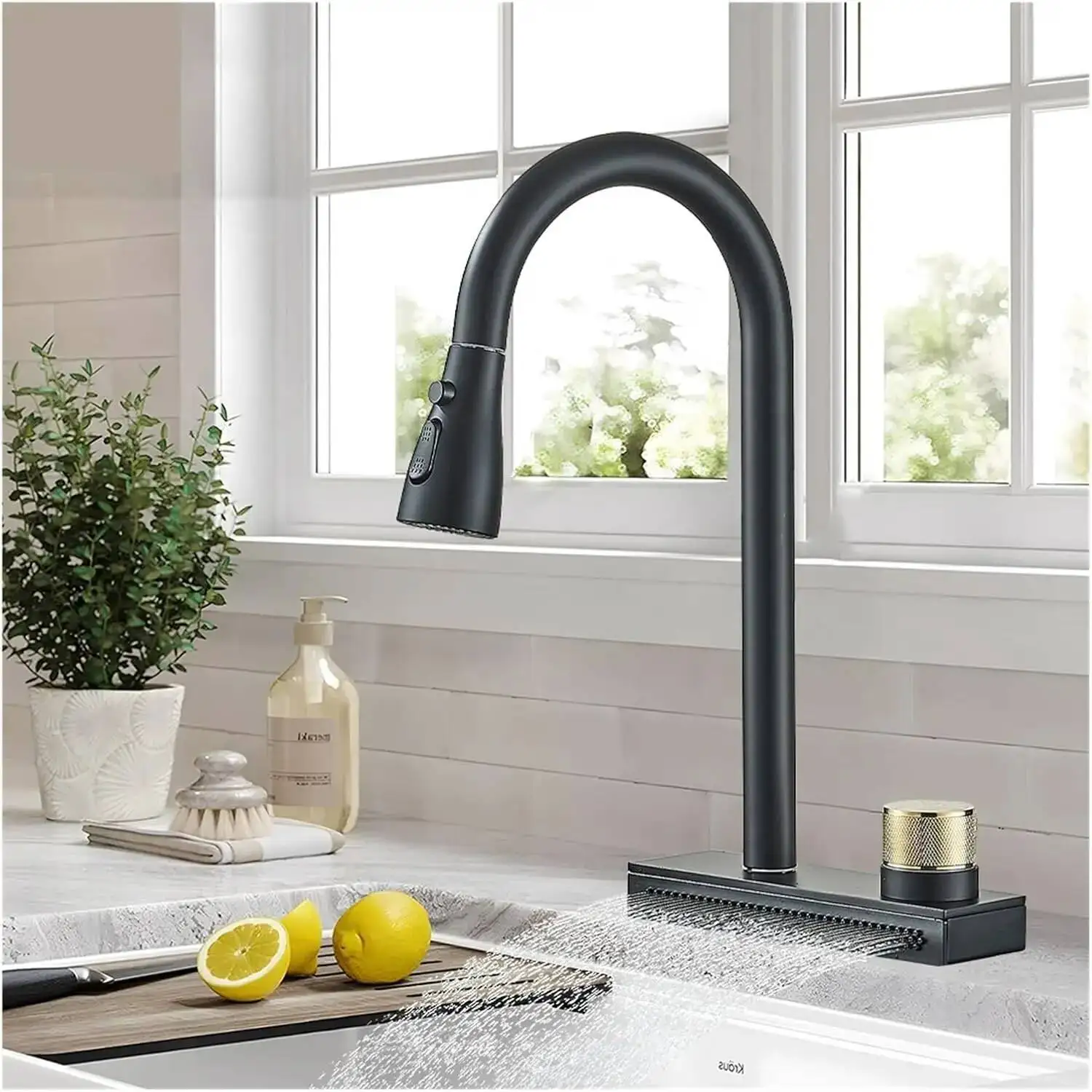 

Kitchen Faucet With Rainfall Waterfall Wash 4 Function Brass Single Hole Pull Out Mixer Hot Cold Water Taps Deck Mounted