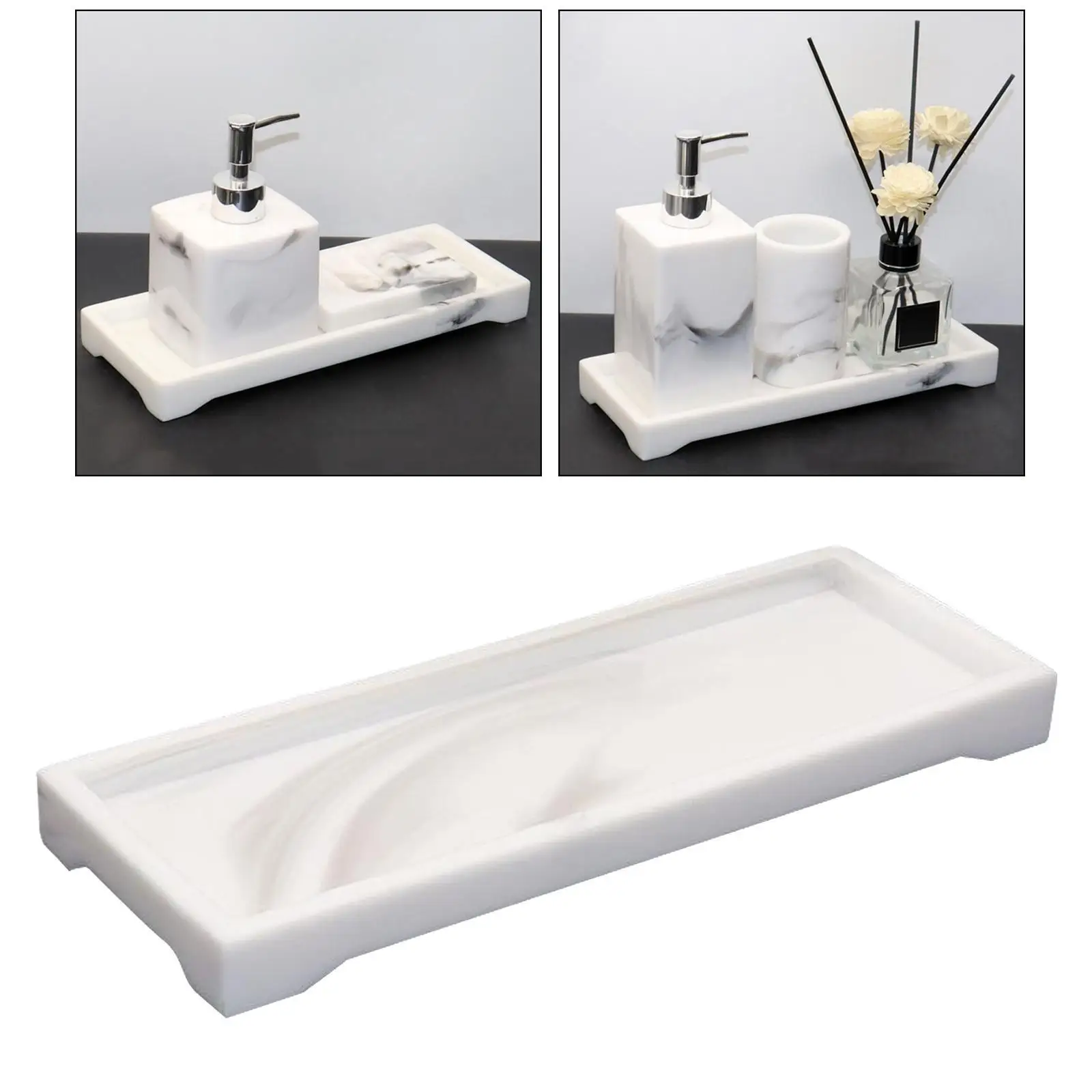 Large Black Bathroom Vanity Tray Marble Finish Resin Holder for Perfume Cosmetic Organizer