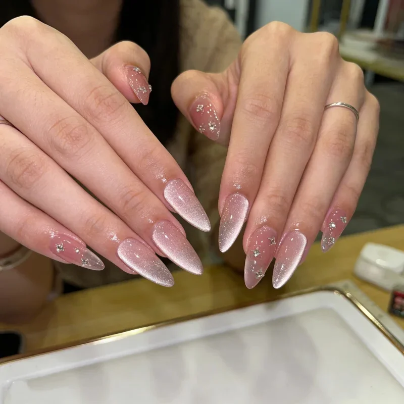 

24PCS Almond Fake Nails with Tiny Star Rhinestone Accents false nails Nude Pink Press on Nails Elegant Minimalist Manicure Art