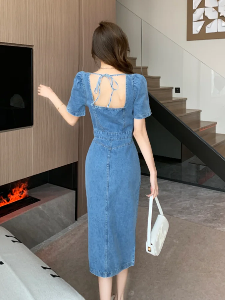 2024 New High Waist Square Collar French Vintage Denim Dresses for Women Blue Elegant Single Breasted Slim Vestidos Fashion Dre