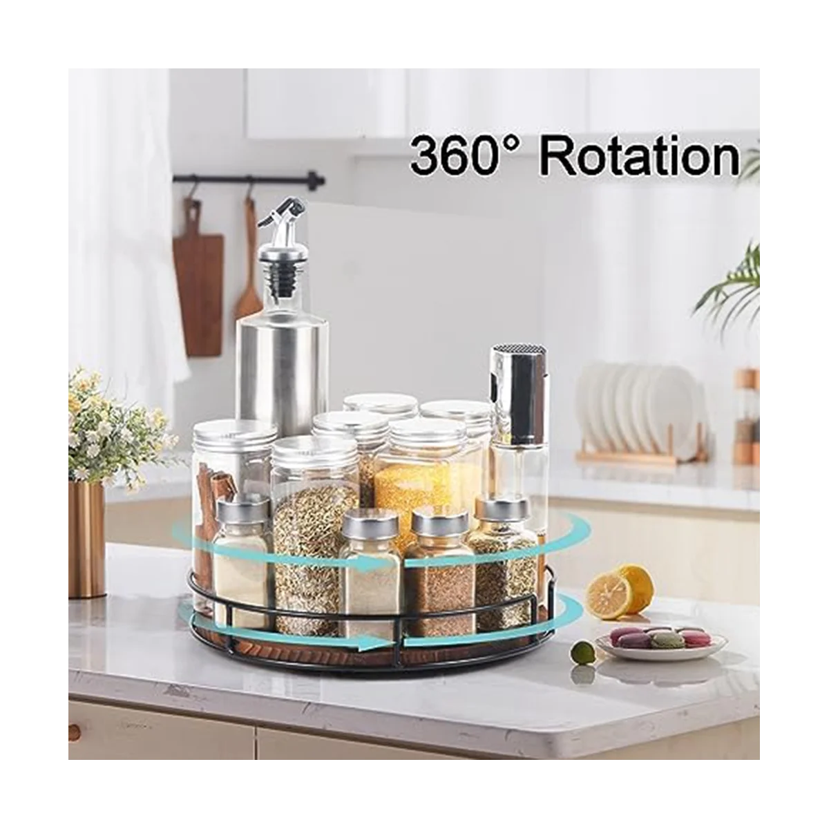 กล่องเก็บจานหมุนไม้กันลื่นสำหรับตู้, ตู้กับข้าว, เคาน์เตอร์ครัว, ตู้เย็น, ชั้นวางเครื่องปรุง, สีดำคาร์บอน