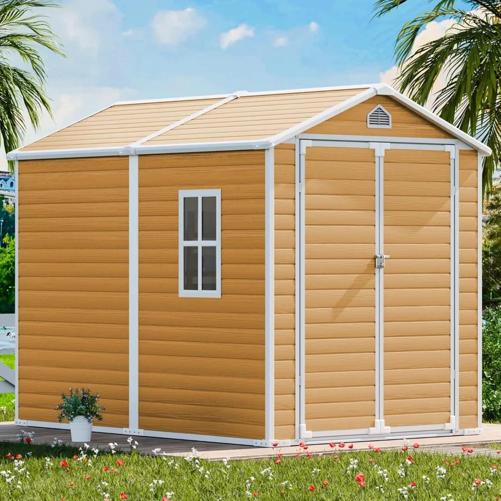 

8x6 FT Resin Storage Shed Outdoor Sheds Lawn Wood Grain - Brown Plastic Tool Shed for Backyard Poolside Patio Waterproof Garden