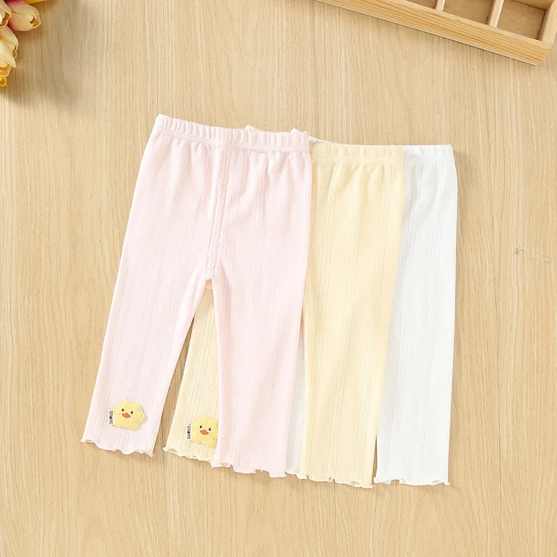 2026 Summer Cute Baby Leggings Duck Patch Ribbed Knit 9 Length Pants for Toddler Girls Ruffle Hem Casual Trousers