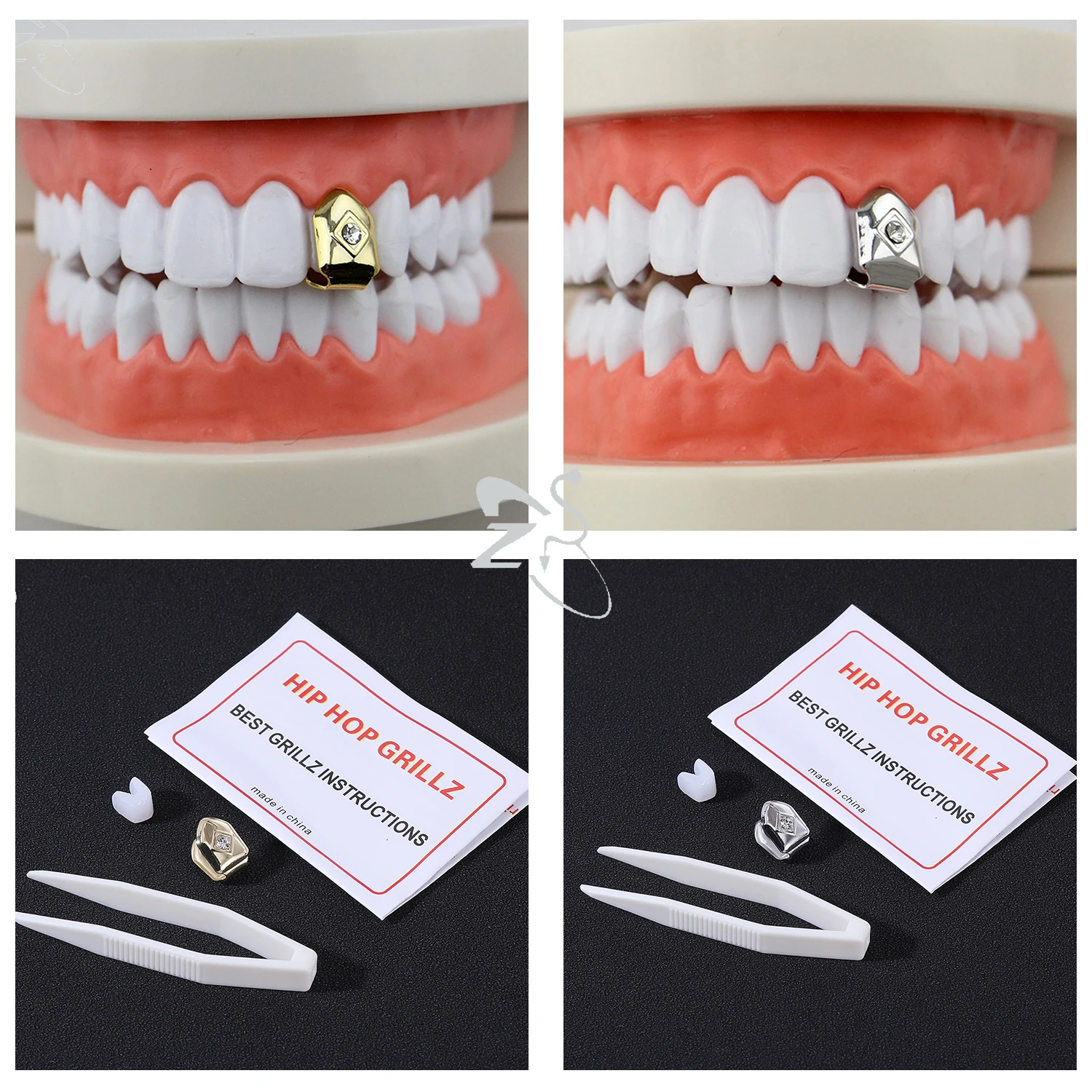 ZS 18K Gold Plated Grillz Teeth Cross Heart Crystal Gold Gap Grillz Hip Hop  Top & Bottom Tooth Cap Bling Grill Trendy Open Fang