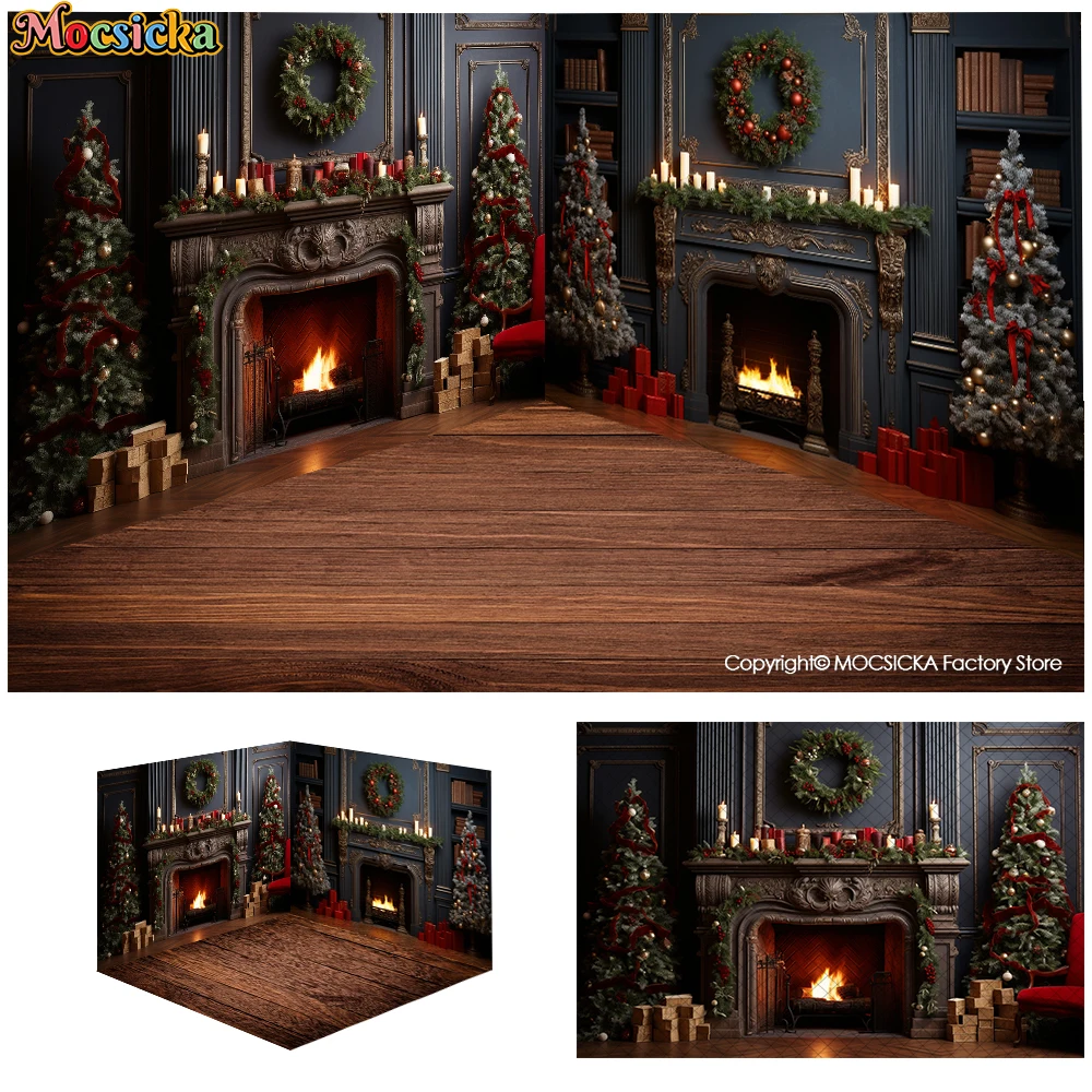 Christmas Gifts Fireplace Backdrops XMAS Trees Wreath Photography Background For Kids Family Portrait Livingroom Photo Props