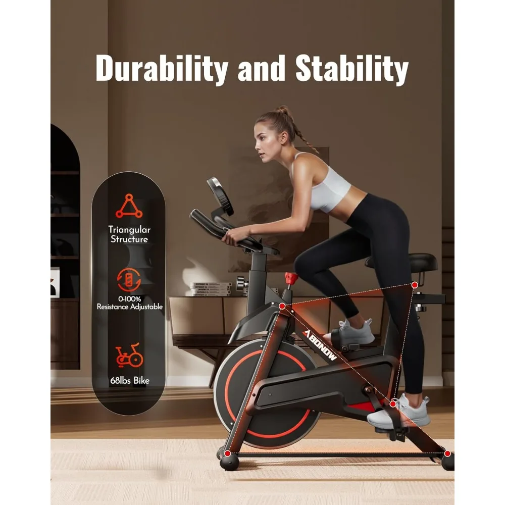 دراجة تمرين، دراجات ثابتة منخفضة الضوضاء للمنزل، وسادة فرامل قابلة للتعديل، دراجة ركوب الدراجات في الأماكن المغلقة بسعة 300 رطل، ثنائية تمرين مدمجة #4