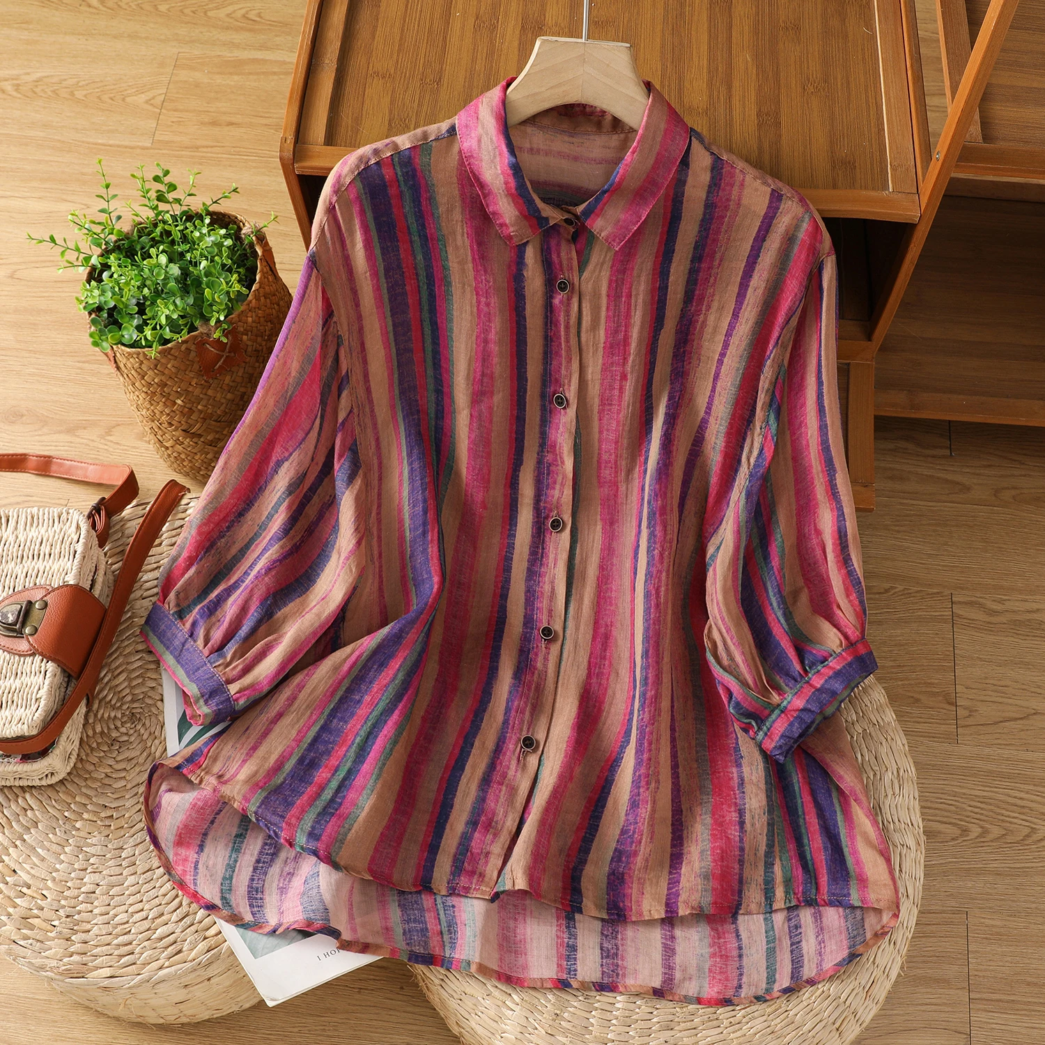 

Retro Style Cotton Linen Shirt Women's Collar Thin Five-Quarter Sleeve Striped Printed Casual Top Fashionable Loose Fit