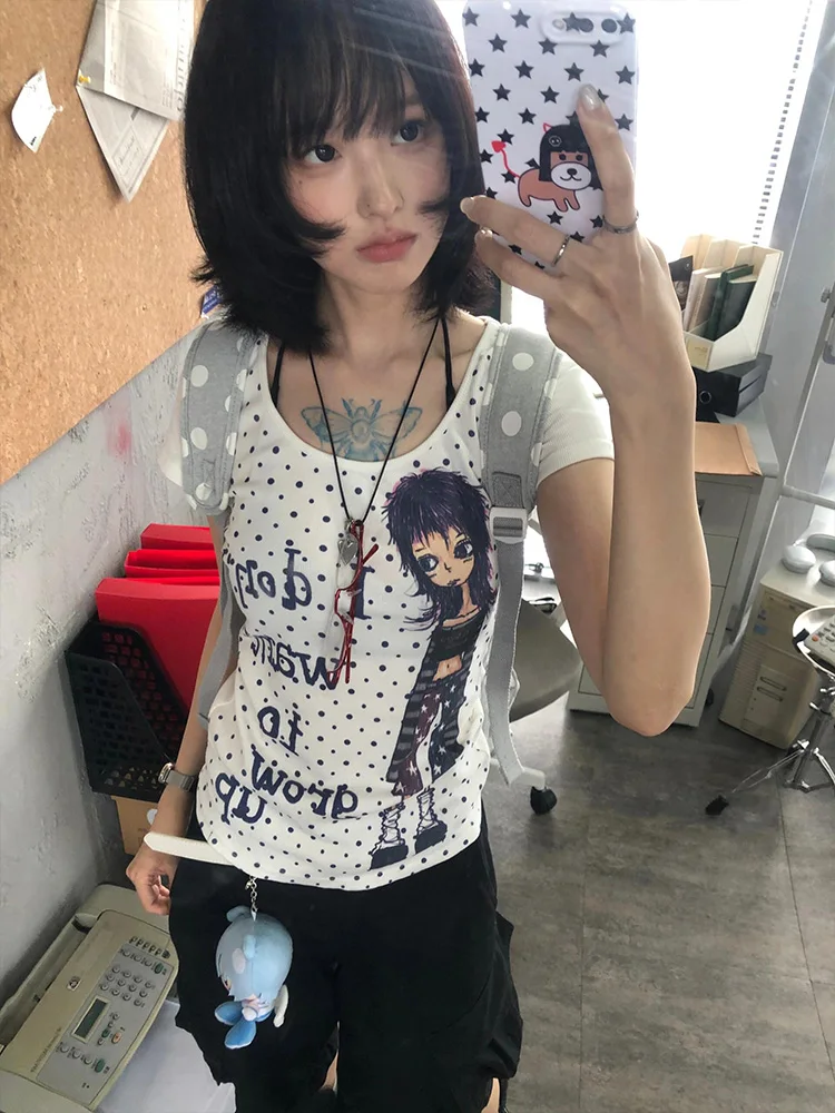 Slim Fit ort Sve T-shirt Dames Zomer Sexy Taille Cinching U-Ne Top Katoen Polyester Blend Vocht Cartoon P...