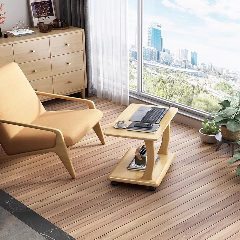 Solid wood wheeled simple desk, small apartment, mini computer desk, shelf side cabinet