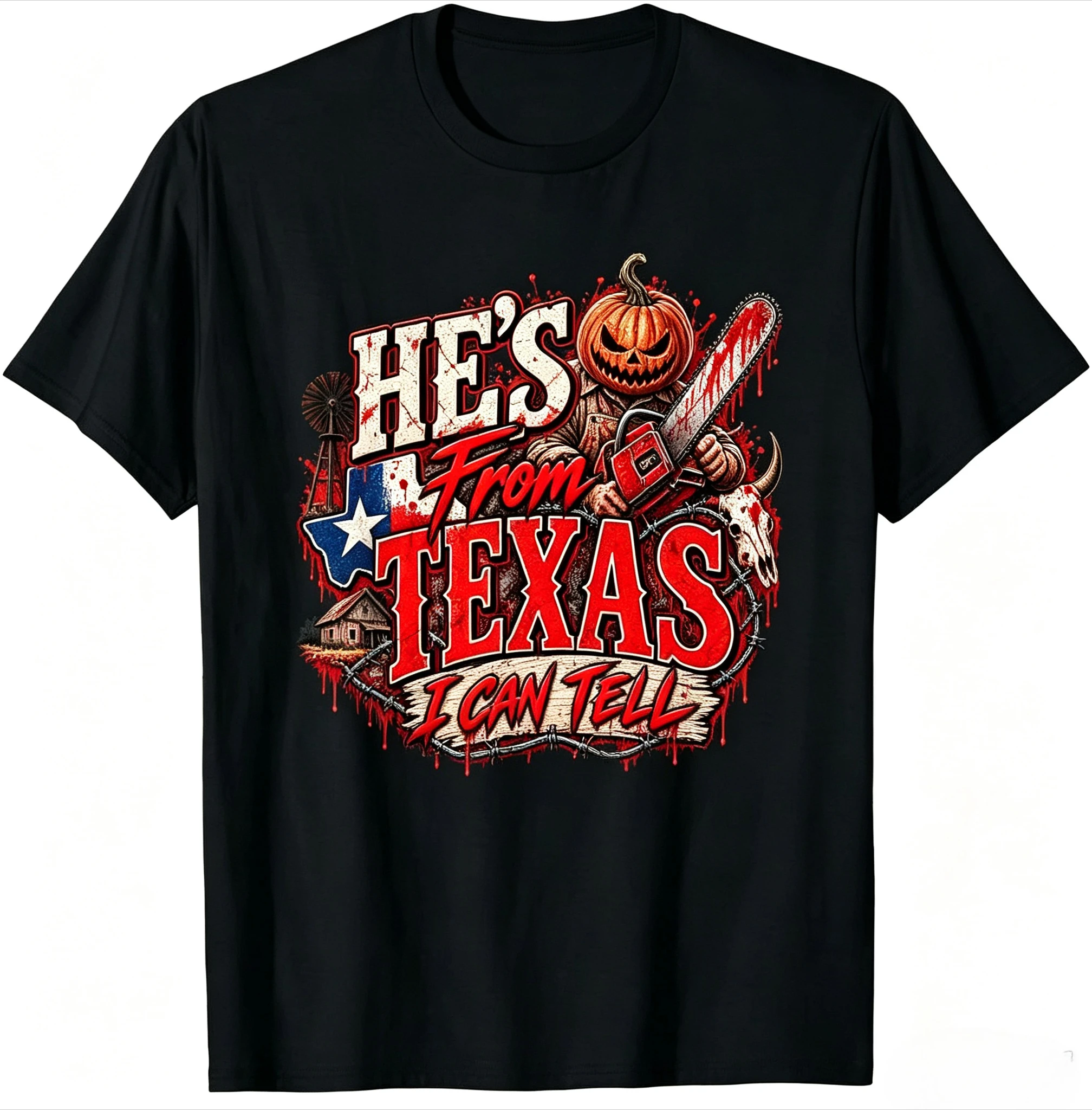 Hes From Texas I Can Tell Halloween Pumpkin Horror T-Shirt Unisex Short‑Sleeve Casual Top Spooky Pumpkin Print Street‑Style