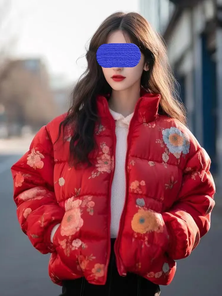 Red floral jacket, down cotton jacket for women, Chinese New Year, rural, internet celebrity, Chinese style, spring /winter,new