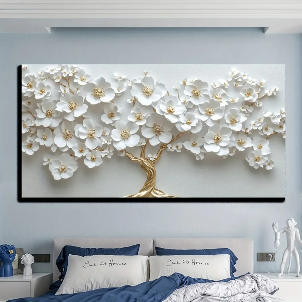 1 peinture à l'huile de fleur blanche nordique sur toile, peinture murale art déco moderne, cadre en bois massif de pin de 1.5 pouces d'épaisseur