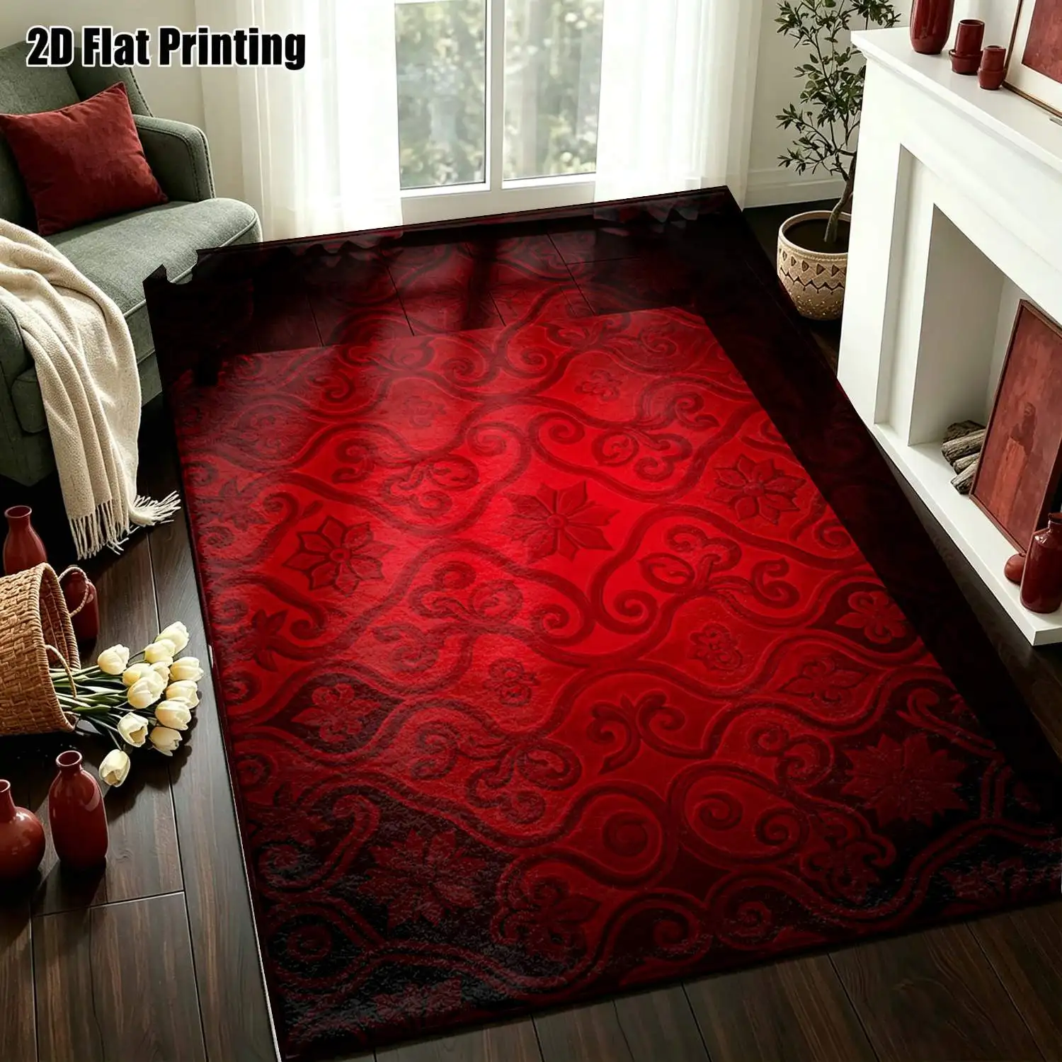 1Pc 2D Printed Burgundy Scrolling Flower Vintage European Carpet, Home Decor, Multi-Size, Machine Washable, Suitable for Entrance/Dining/Foyer/Bedroom/Study/Living Room