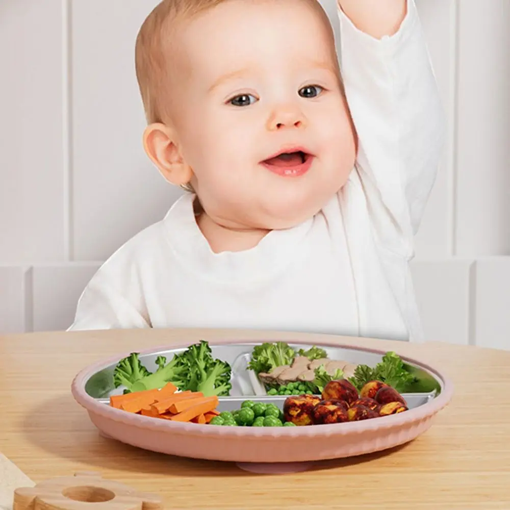 

Divided Design Silicone Suction Cup Plates Detachable 304 Stainless Steel Children 3 Grids Dishes Non-Slip Anti-fall