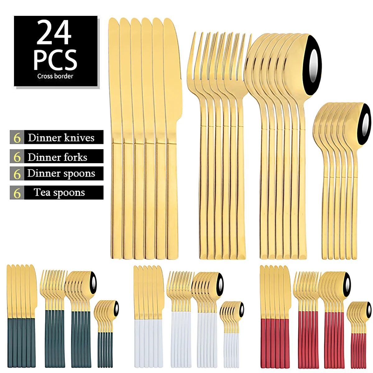 

24Pcs Gold Tableware Sets Stainless Steel Cutlery Knife Tea Fork Coffee Spoon Flatware Dishwasher Safe Dinner Kitchen Dinnerware
