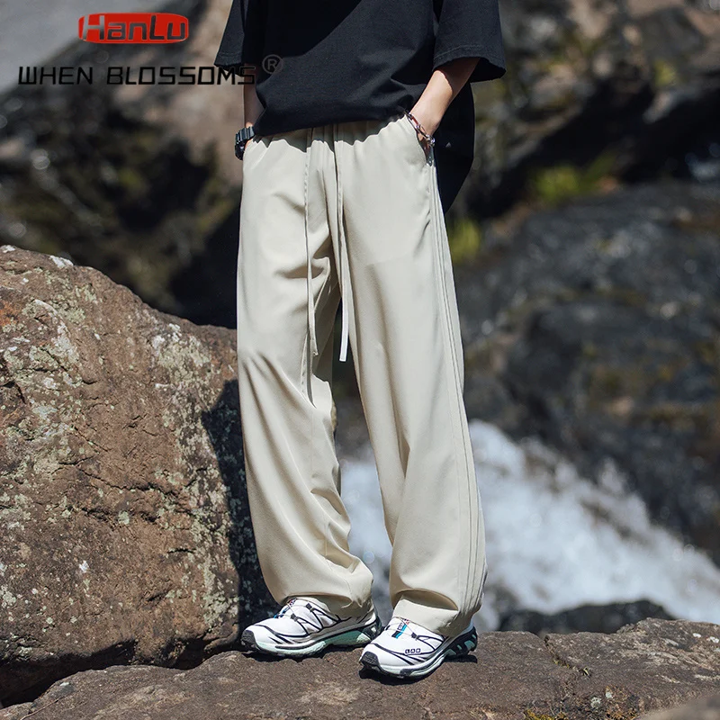 Men's Summer New Side Loose Ice Silk Breathable Casual Pants for Men's Cool Feeling Thin Solid Color Daily Sports Pants