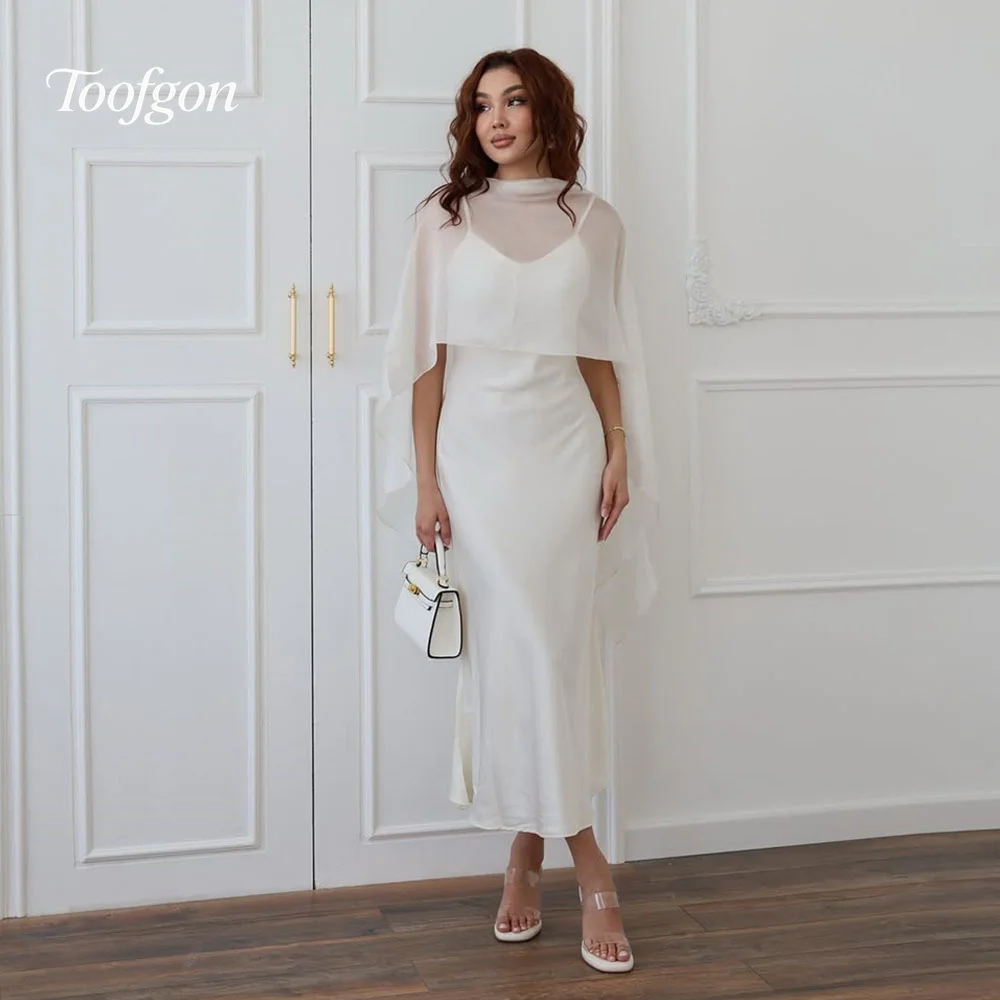 

Toofgon 2 Pcs Mermaid Evening Dresses Customized Spaghetti Strap Satin Prom Dress Chiffon Cape Jacket Women Formal Party Gown