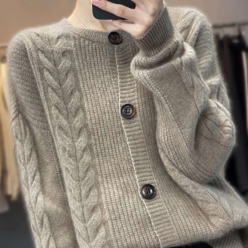 

Spring new 100 pure cashmere sweater coat women's loose vintage sweater short style thickened wool knitted cardigan