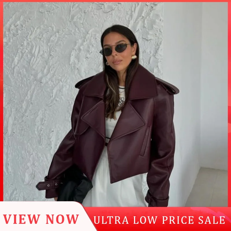 Burgundy Pu Leather Lapel Collar Short Jackets For Women Fashion Long Sleeve Pockets Cropped Coat 2024 Lady Fall High Streetwear