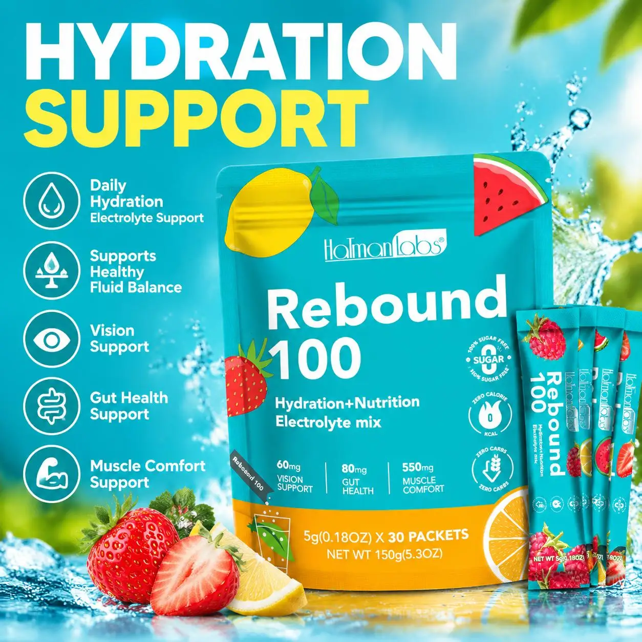 Electrolyte Powder Promotes Hydration & Fluid Balance & Vision Gut Health & Muscle Comfort Vitamin C B12 Potassium 30 Packets