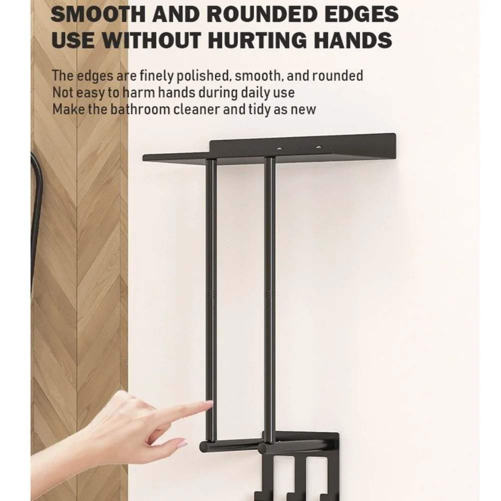 Black Iron Towel Rack 2 Tier No Drill Wall Mount for Bathroom Smooth Surfaces Tiles Glass 34 16 7.5cm Rust Resistant Load 10kg