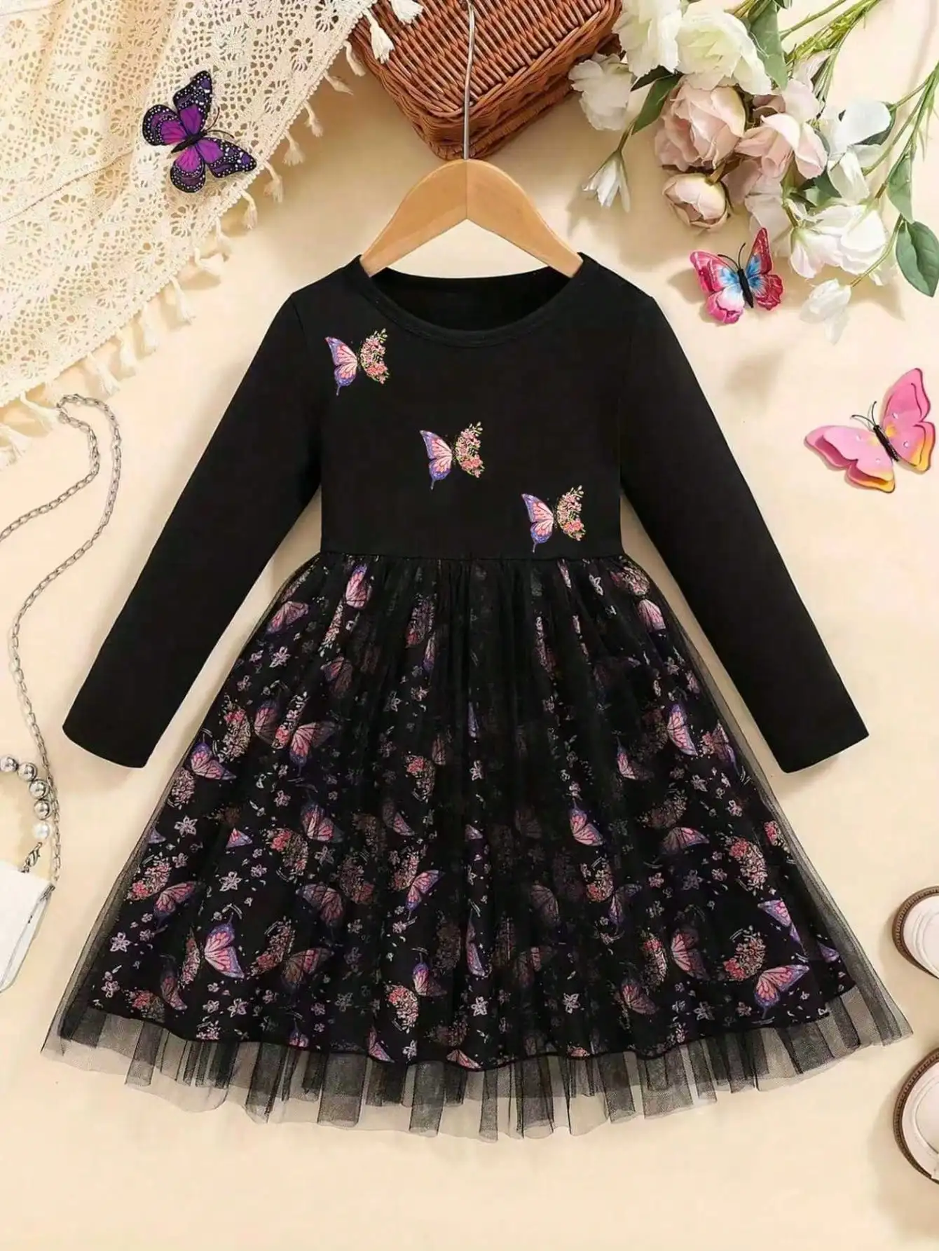 Children's Butterfly Printed Mesh Dress Comfortable round Neck Long Sleeve Mid-Length Skirt Casual Party Wear for Kids