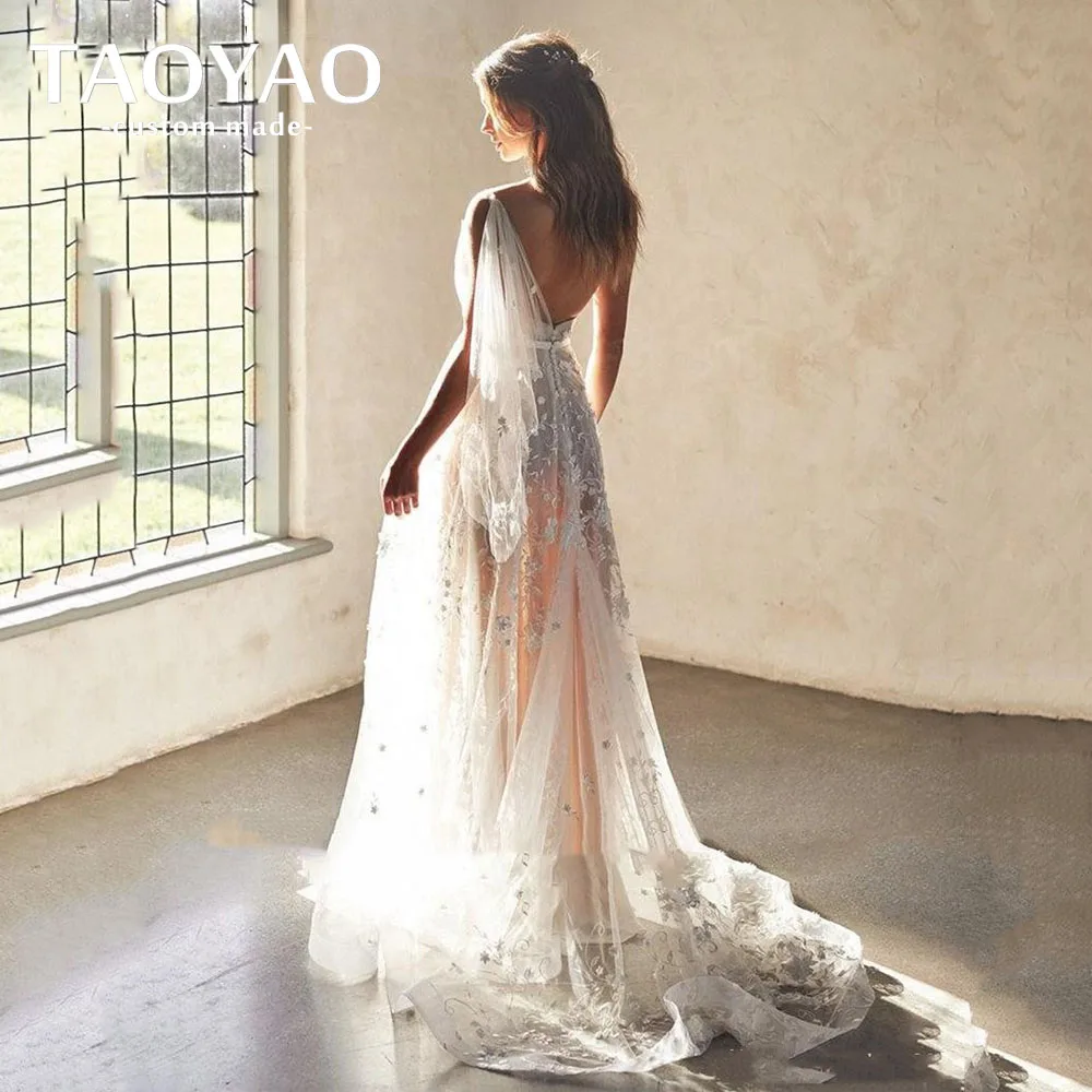 Customized A-line Wedding Dresses Boho One Shoulder Side Split Backless Bride Dress Lace Appliqued Bridal Gown Vestidos De Novia