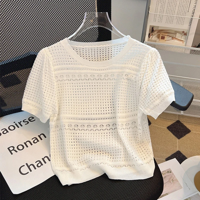 Women's White Hollow Out Knitted Tops 2026 Summer Short Sleeve O-Neck Breathable T-shirt Ice Silk Sun-protective Clothing